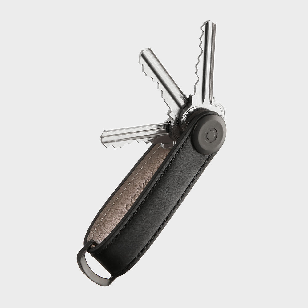 Black leather Orbitkey Key Organizer with three keys unfolded