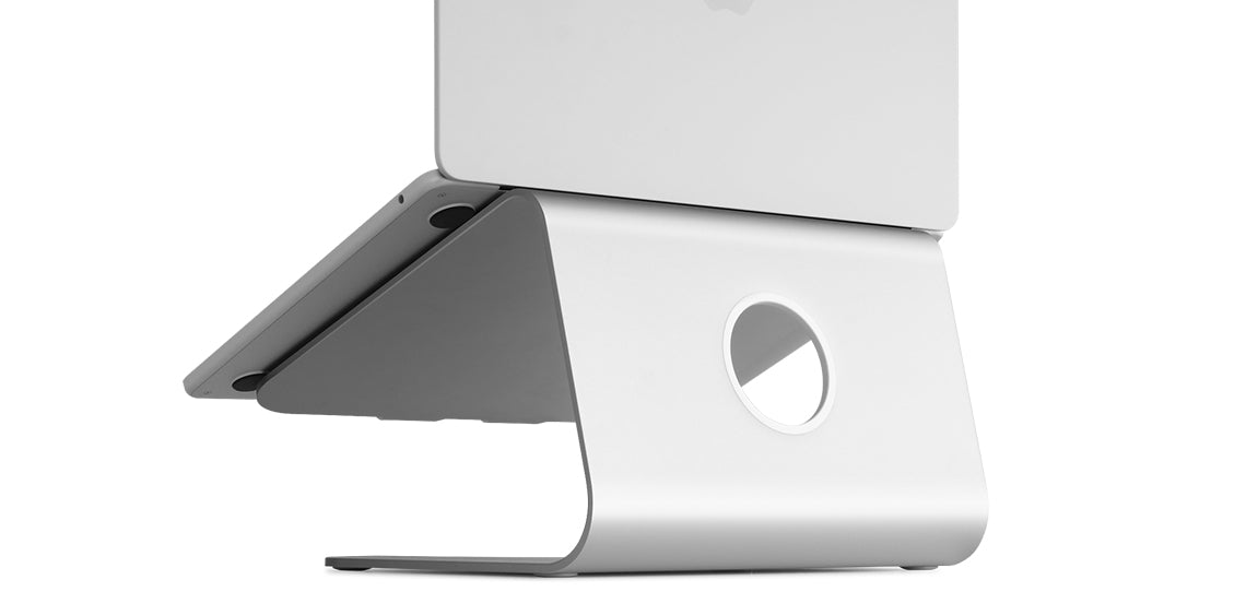 Rear view of a silver Rain Design mStand with a laptop on its platform